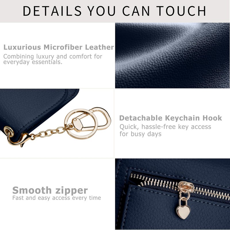 Sunpour Women Small Wallet RFID Blocking Slim Wallet with Coin Pocket Tri-Fold Credit Card Holder with ID Window and Keychain(Navy Blue) - Image 4